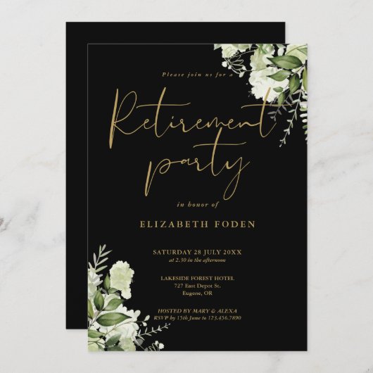 Groene Bloemen Zwart En Goud Pensioenfeest Kaart (Voorkant / Achterkant)
