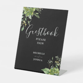 Groene Bloemen Zwart En Wit Gastboek Reclamebord Met Voetstuk