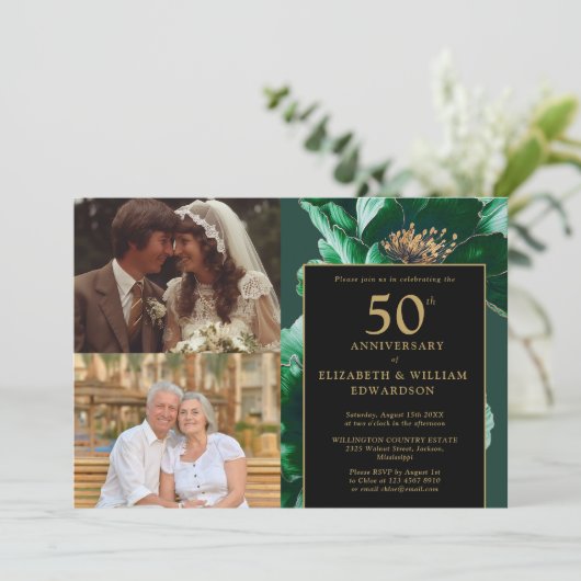 Groene Bloemen Zwart Goud 50e Jubileum 2 Foto Kaart (Staand voorkant)