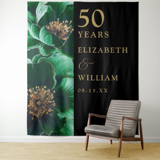 Groene Bloemen Zwart Goud 50e Jubileum Achtergrond Wandkleed (In situ)
