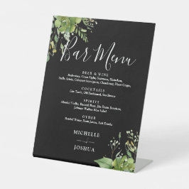 Groene Bloemen Zwart Wit Bruiloft Bar Menu Reclamebord Met Voetstuk
