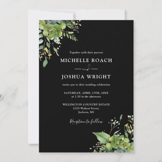 Groene Bloemen Zwart Wit Monogram Bruiloft Kaart (Voorkant)