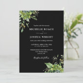 Groene Bloemen Zwart Wit Monogram Bruiloft Kaart (Staand voorkant)