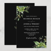 Groene Bloemen Zwart Wit Monogram Bruiloft Kaart (Voorkant / Achterkant)