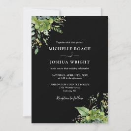 Groene Bloemen Zwart Wit Monogram Bruiloft Kaart