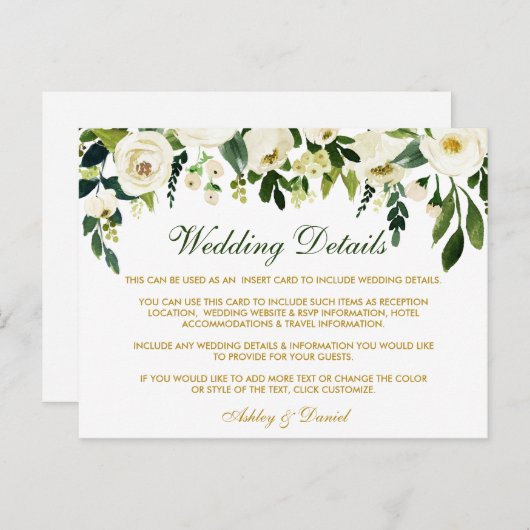 Groene bloemenbruiloft details invoegen Kaart (Voorkant / Achterkant)