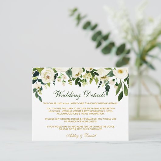 Groene bloemenbruiloft details invoegen Kaart (Staand voorkant)