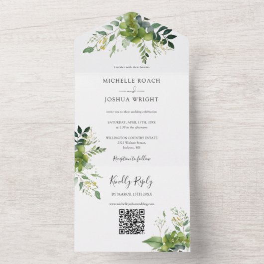 Groene Bloemencode QR Code Elegant Monogram Trouwd All In One Uitnodiging (Binnen)