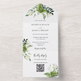 Groene Bloemencode QR Code Elegant Monogram Trouwd All In One Uitnodiging