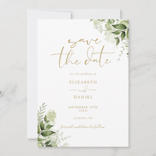 Groene Bloemencode QR Code Gouden Bruiloft Save The Date (Voorkant)