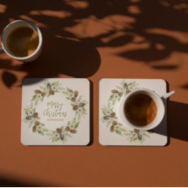 Groene Bloemendennen Kerstkrans 2 Kartonnen Onderzetters