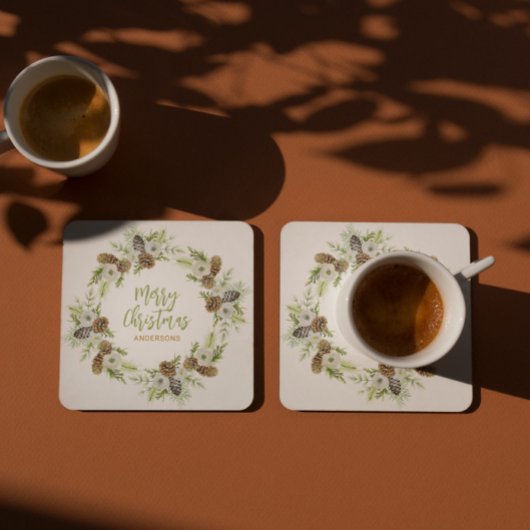 Groene Bloemendennen Kerstkrans 2 Kartonnen Onderzetters