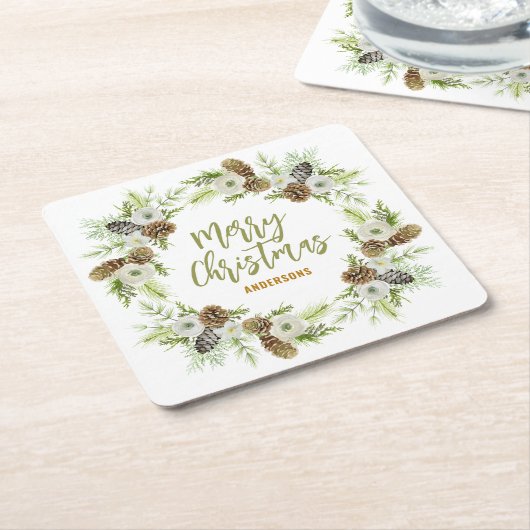 Groene Bloemendennen Kerstkrans 2 Kartonnen Onderzetters (Schuin)