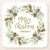 Groene Bloemendennen Kerstkrans 2 Kartonnen Onderzetters (Voorkant)