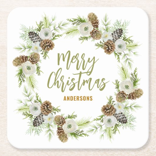 Groene Bloemendennen Kerstkrans 2 Kartonnen Onderzetters (Voorkant)