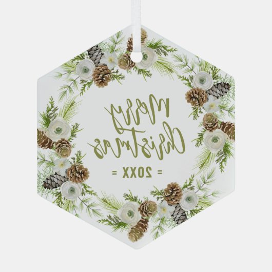 Groene Bloemendennen Kerstkrans Glas Ornament (Achterkant)