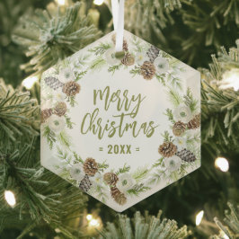Groene Bloemendennen Kerstkrans Glas Ornament
