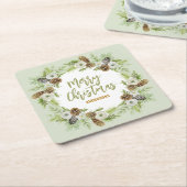 Groene Bloemendennen Kerstkrans Kartonnen Onderzetters (Schuin)