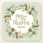 Groene Bloemendennen Kerstkrans Kartonnen Onderzetters (Voorkant)