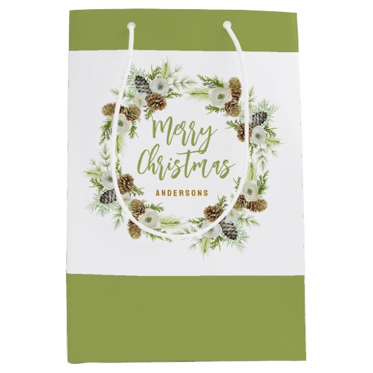 Groene Bloemendennen Kerstkrans Medium Cadeauzakje (Voorkant)