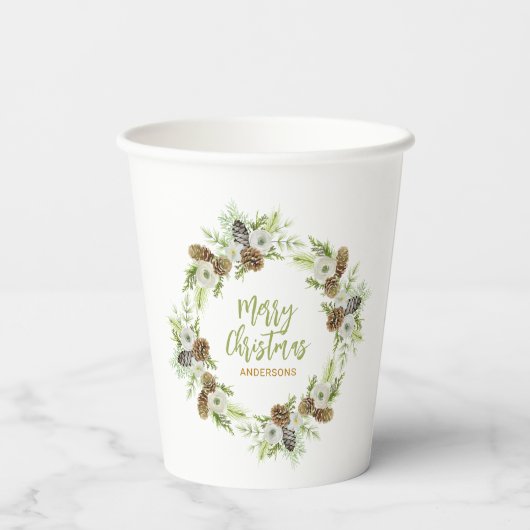 Groene Bloemendennen Kerstkrans Papieren Bekers (Achterkant)