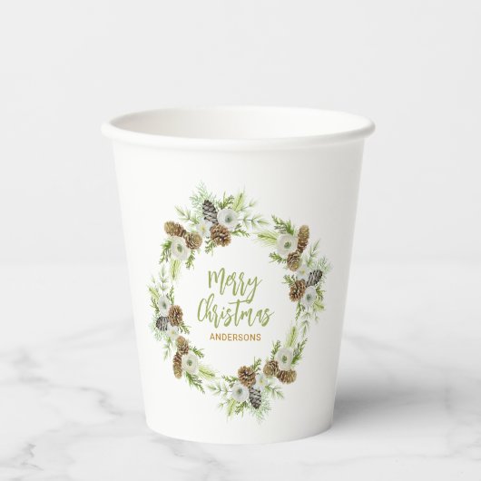Groene Bloemendennen Kerstkrans Papieren Bekers (Voorkant)