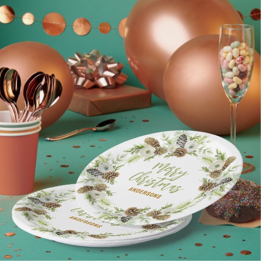 Groene Bloemendennen Kerstkrans Papieren Bordje (Multi)