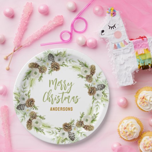 Groene Bloemendennen Kerstkrans Papieren Bordje (Feest)