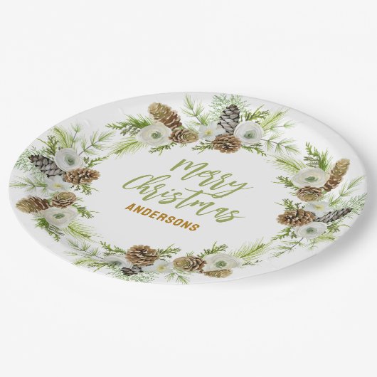 Groene Bloemendennen Kerstkrans Papieren Bordje (Gekanteld)