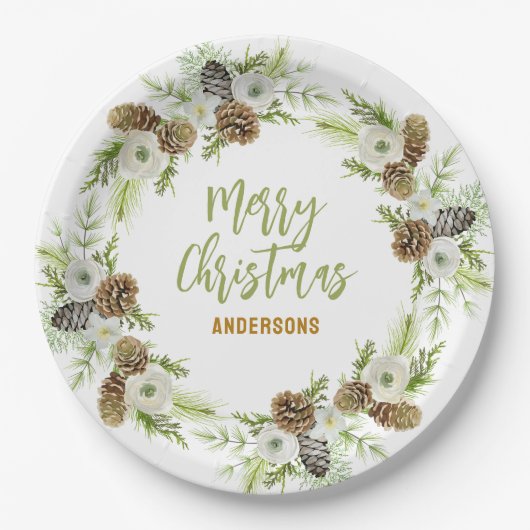 Groene Bloemendennen Kerstkrans Papieren Bordje (Voorkant)