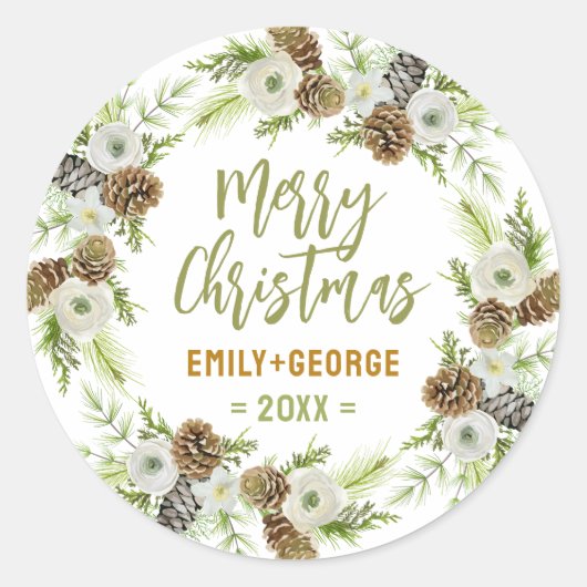 Groene Bloemendennen Kerstkrans Ronde Sticker (Voorkant)