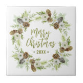 Groene Bloemendennen Kerstkrans Tegeltje (Voorkant)