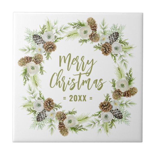 Groene Bloemendennen Kerstkrans Tegeltje (Voorkant)