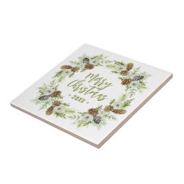 Groene Bloemendennen Kerstkrans Tegeltje