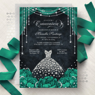 Groene Bloemendiamant Quinceanera Uitnodiging