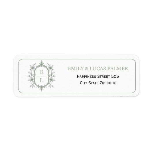 groene bloemenkam monogram border bruiloft etiket (Voorkant)