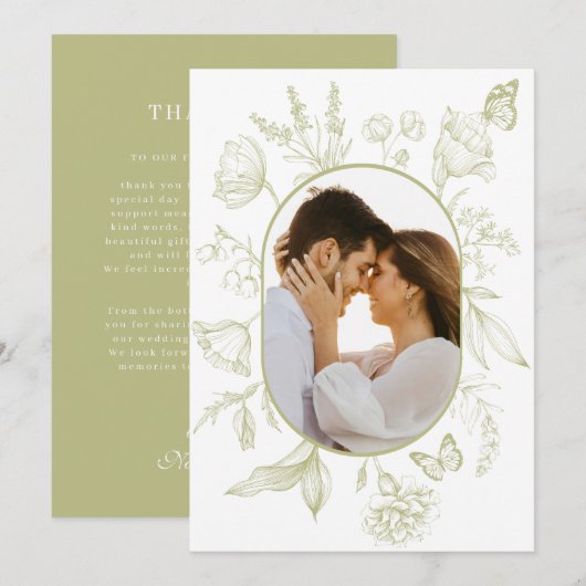 Groene Bloemenlijn Kunst Bloemenvlinder Foto Bedankkaart (Voorkant / Achterkant)