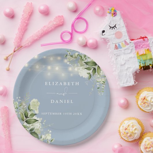 Groene bloemenslingerlichten stoffig blauwe bruilo papieren bordje (Feest)