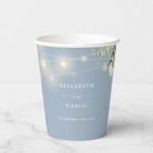 Groene bloemenslingerlichtjes stoffig blauw bruilo papieren bekers (Achterkant)