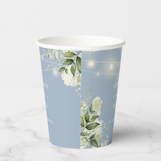 Groene bloemenslingerlichtjes stoffig blauw bruilo papieren bekers (Rechts)