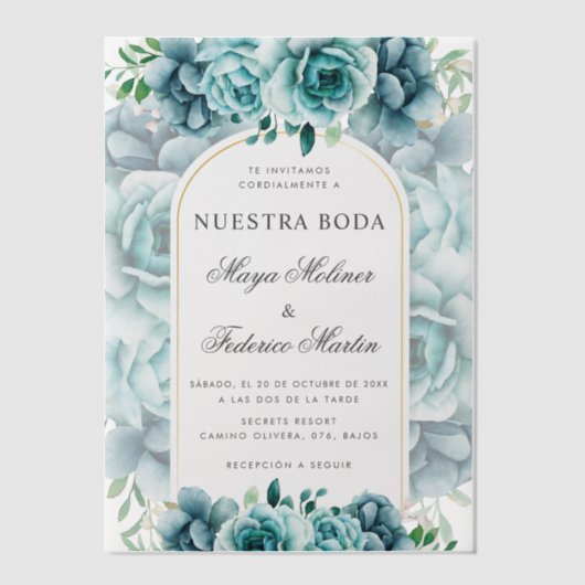 Groene bloementuin Nuestra Boda Spaanse bruiloft Vellum Uitnodigingen (Voorkant)