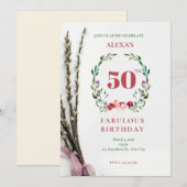 Groene bloemenuitnodiging voor de 50e verjaardag kaart (Voorkant / Achterkant)