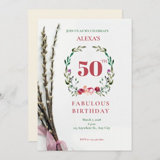 Groene bloemenuitnodiging voor de 50e verjaardag kaart (Voorkant / Achterkant)