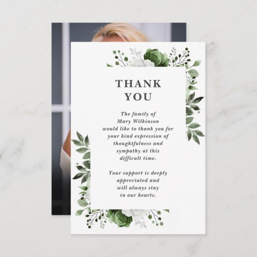 Groene bloemenviering van het leven begrafenisfoto bedankkaart (Voorkant / Achterkant)