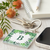 Groene bloemhandpalm bladeren voeg monogram letter sleutelhanger (Voorkant Rechts)