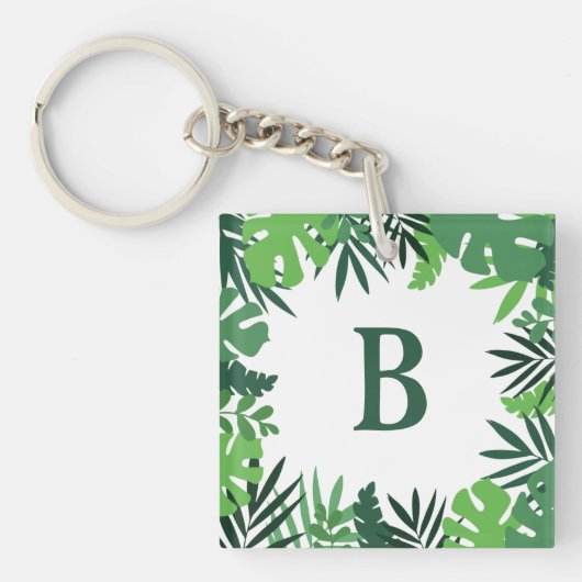 Groene bloemhandpalm bladeren voeg monogram letter sleutelhanger (Voorkant)