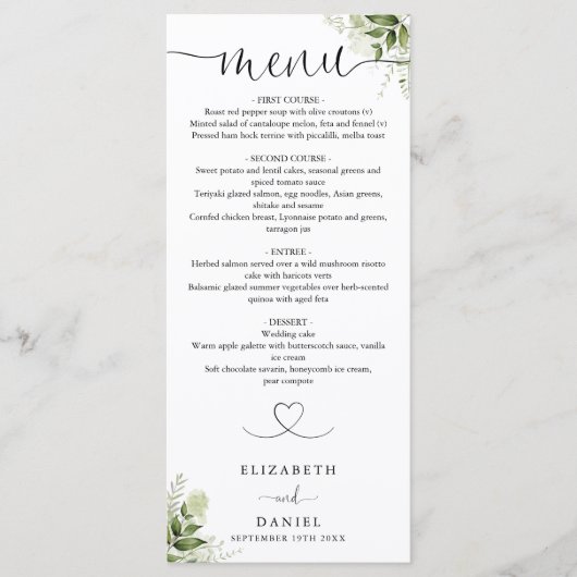 Groene Bloemhart Script Bruiloft Diner Menu (Voorkant)
