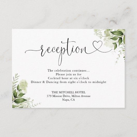 Groene Bloemhart Script Bruiloftsontvangst Informatiekaartje (Voorkant)