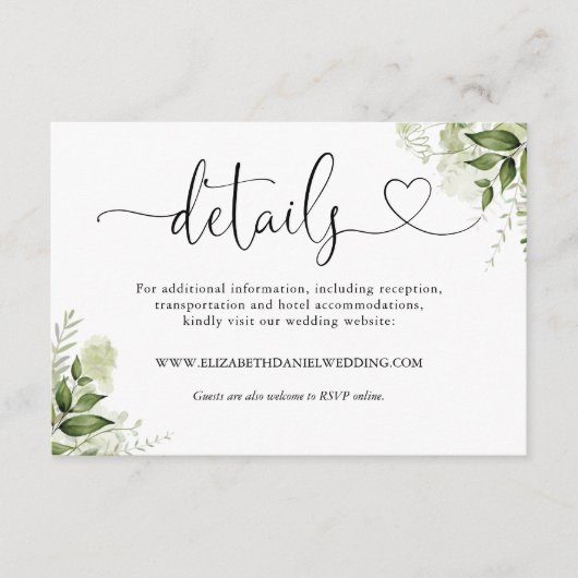 Groene Bloemhart Script Trouwdetails Informatiekaartje (Voorkant)