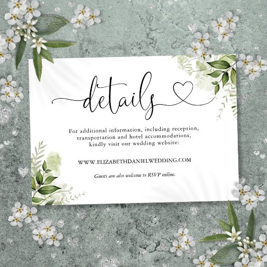 Groene Bloemhart Script Trouwdetails Informatiekaartje